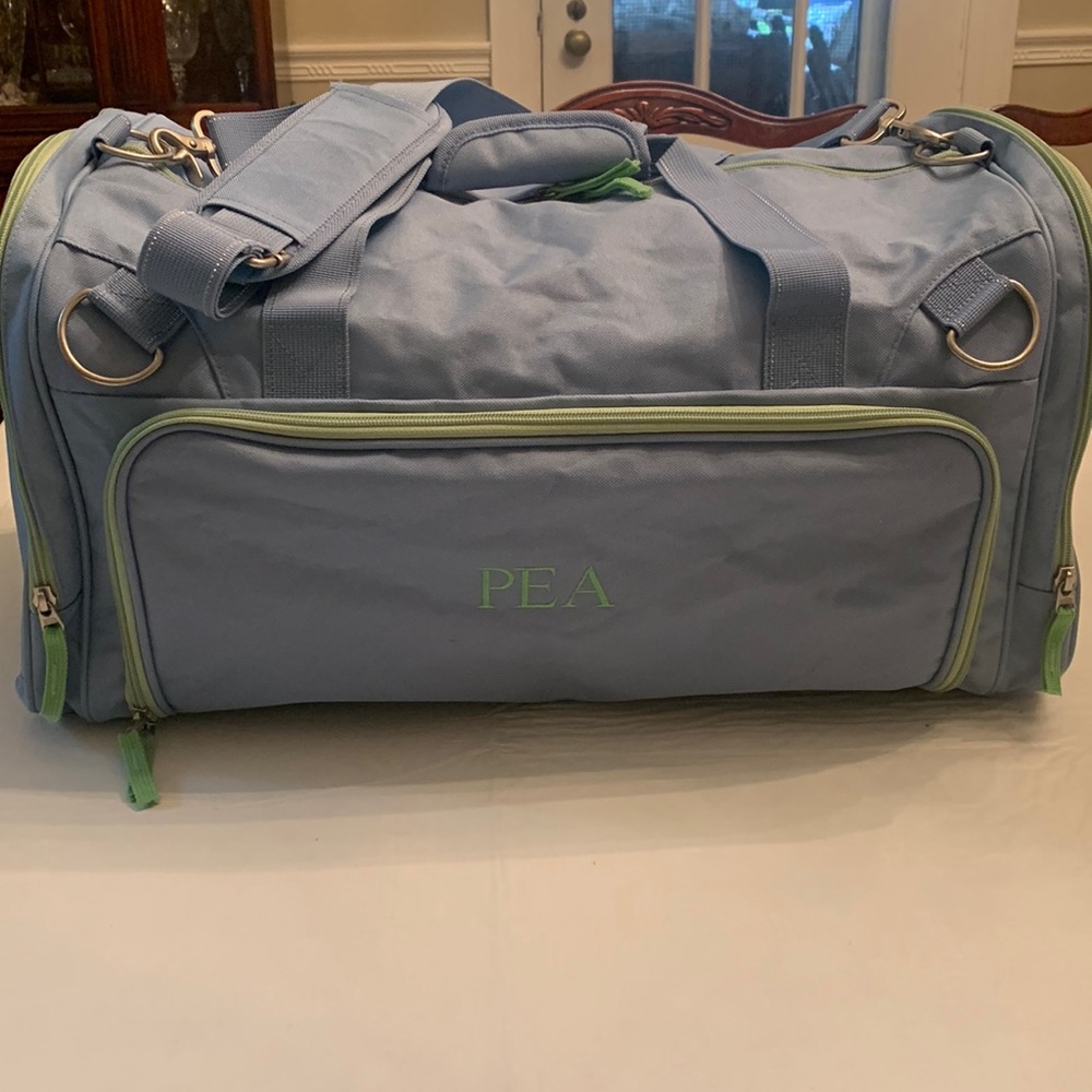 Pottery Barn Green & Blue Duffle. “PEA” Embroidered. Excellent Condition
